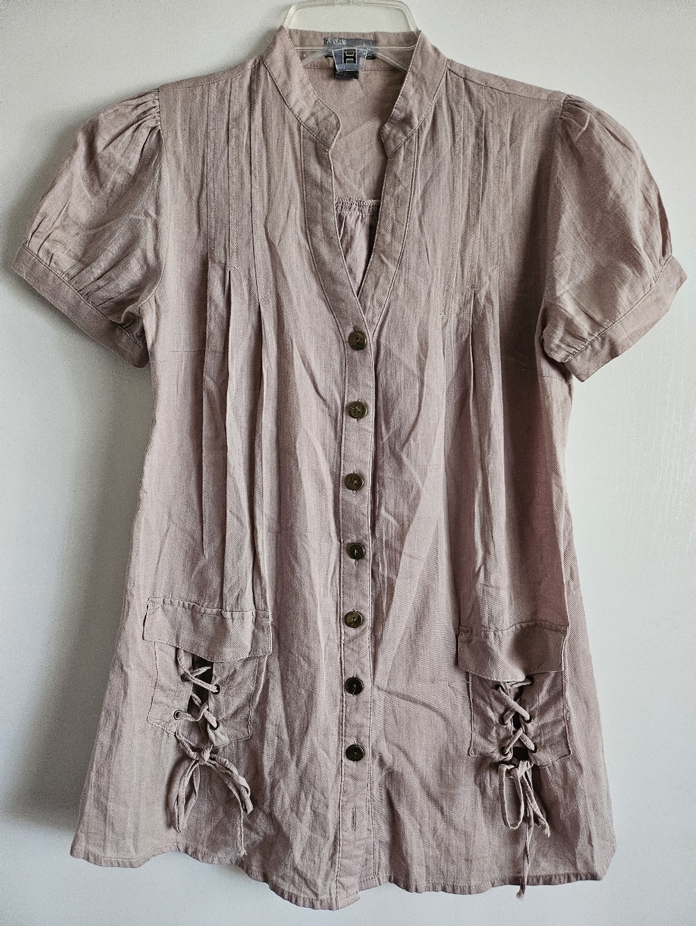 Y2K Poetry Cotton Thin Chambray Short Sleeve Tunic Top Blouse Vintage Cream Tan